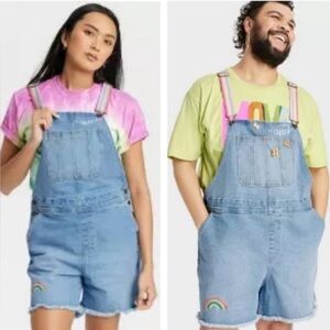 Take Pride Shortalls Size Medium Queen Rainbow LGBTQIA+ Light Wash Overalls C9